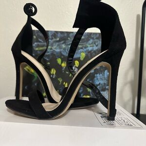 Black Suede Stiletto Heels with Ankle Strap & Metal Ring Detail